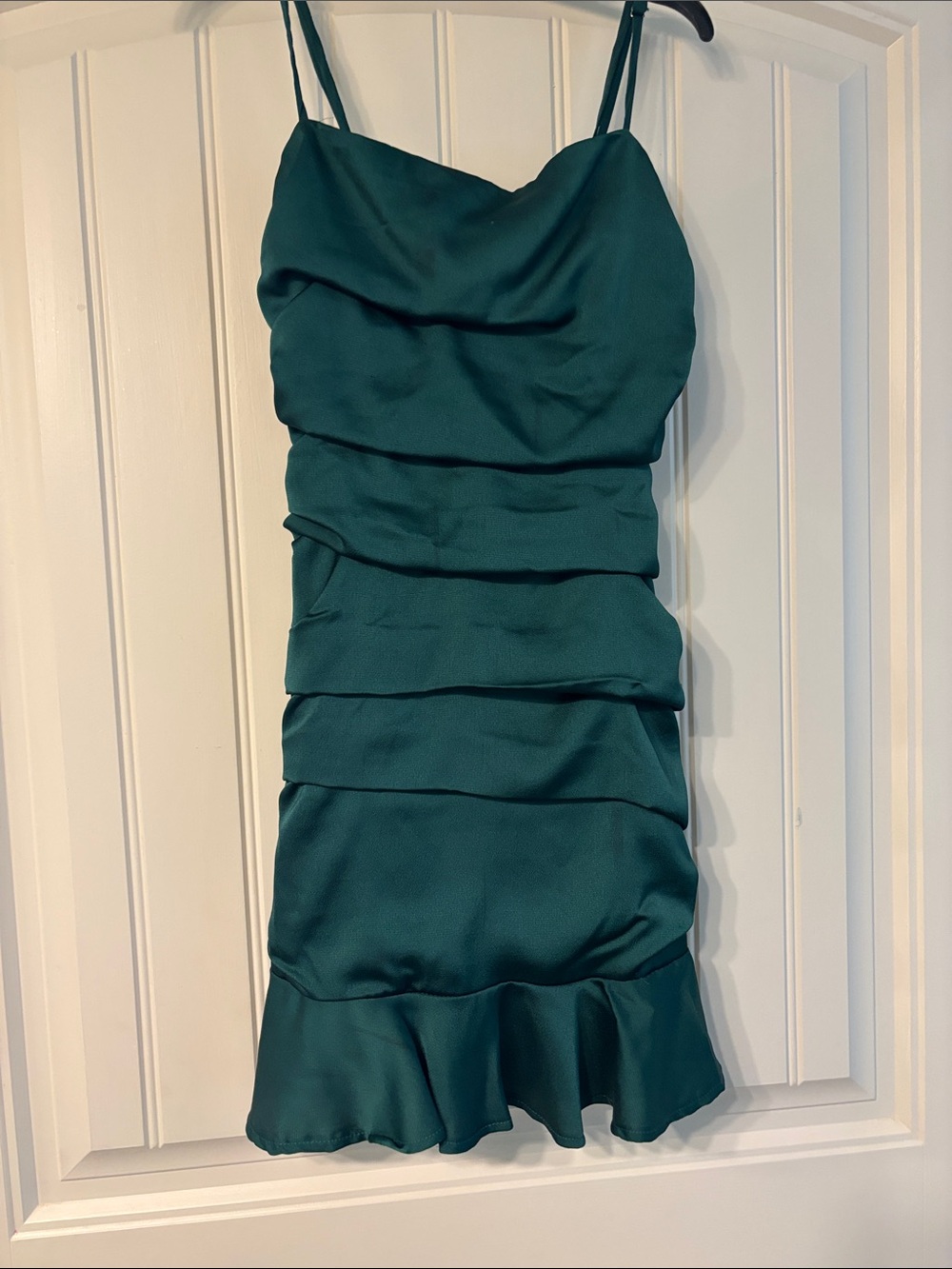 Hello Molly Emerald Green Ruffled Satin Mini Dress